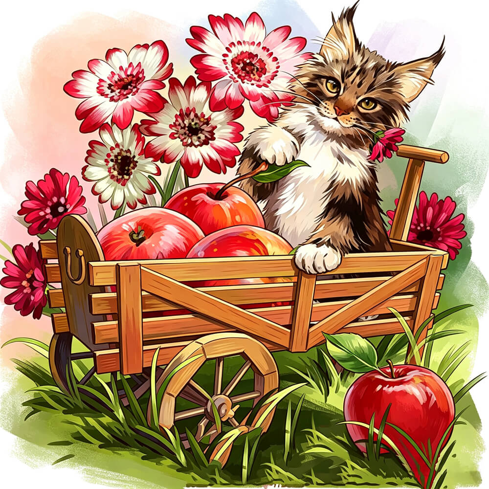 Cat in apple cart cross stitch kit for beginners