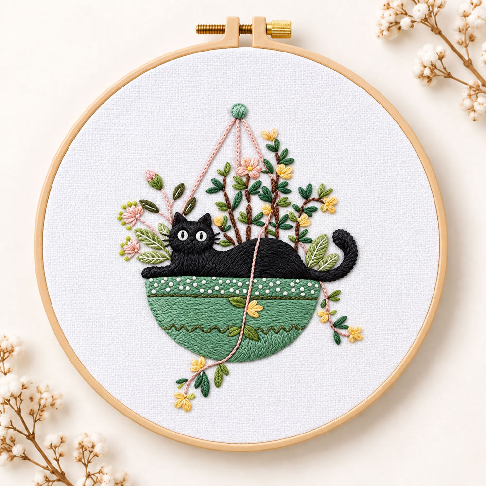 Cat in green hanging pot embroidery kit