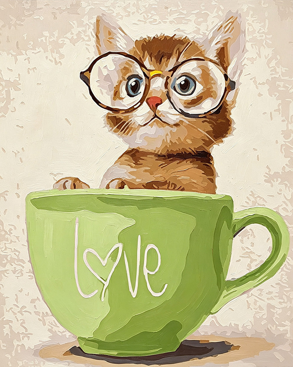 Cat in green mug cross stitch kit for beginners