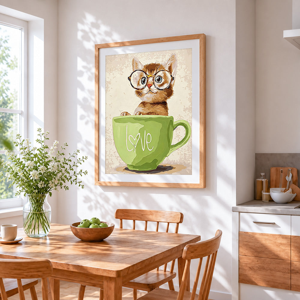 Cat in green mug cross stitch artwork displayed on wall as home decor