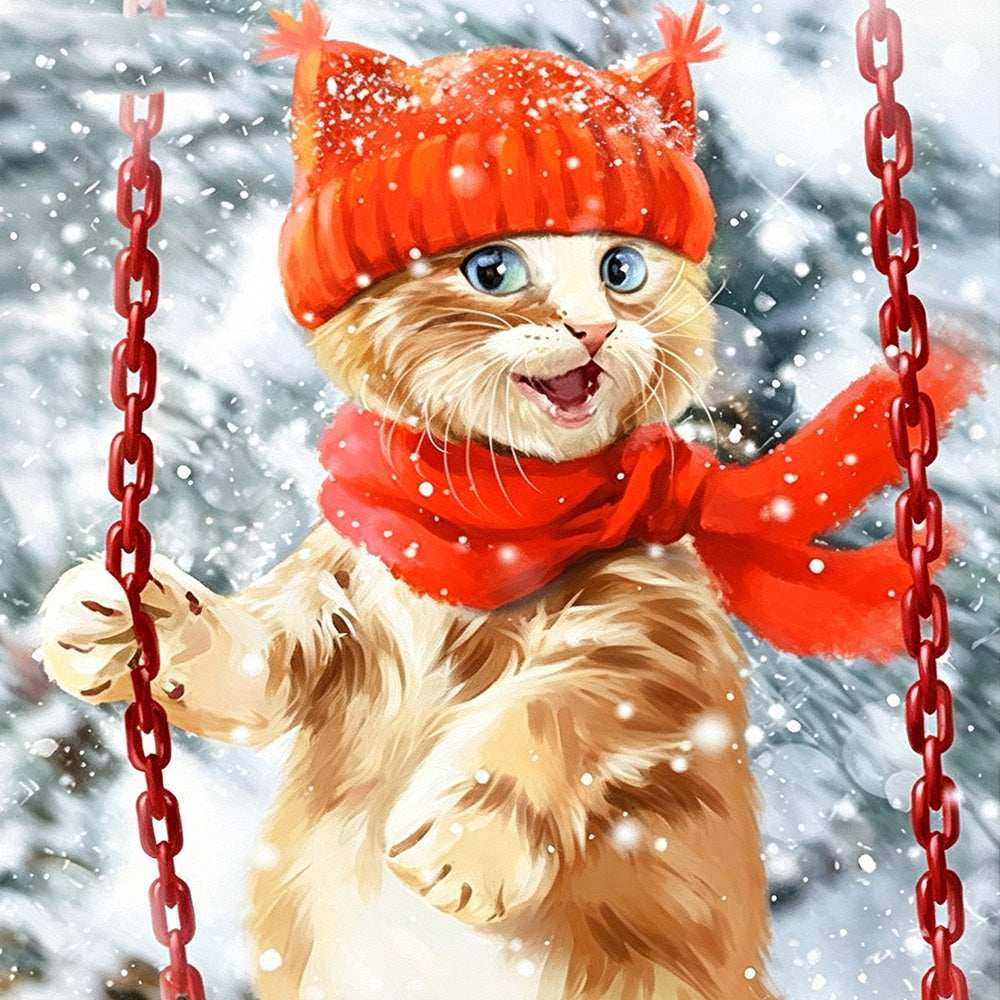 Cat in red hat and scarf in the snow cross stitch kit for beginners