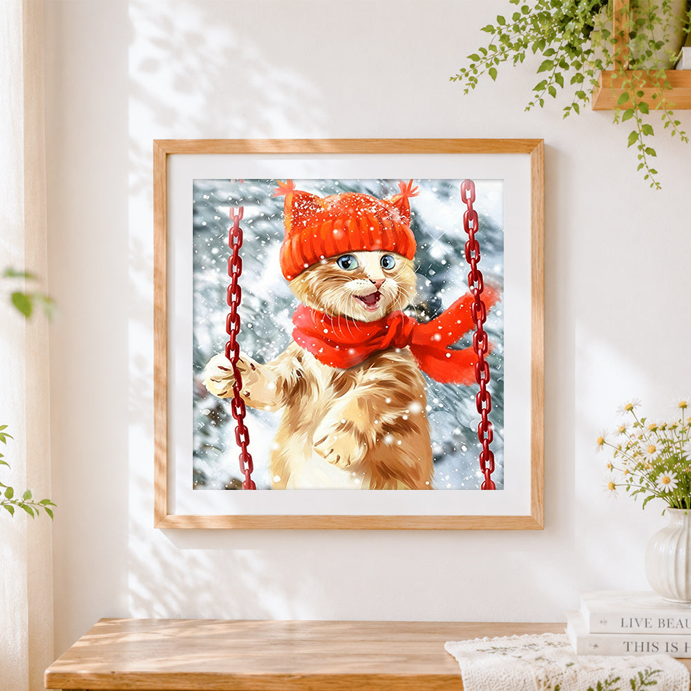 Finished cat in red hat and scarf in the snow paint by numbers artwork displayed as home decor