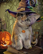 Cat in witch hat on spellbook cross stitch kit for beginners