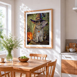 Cat in witch hat on spellbook cross stitch artwork displayed on wall as home decor