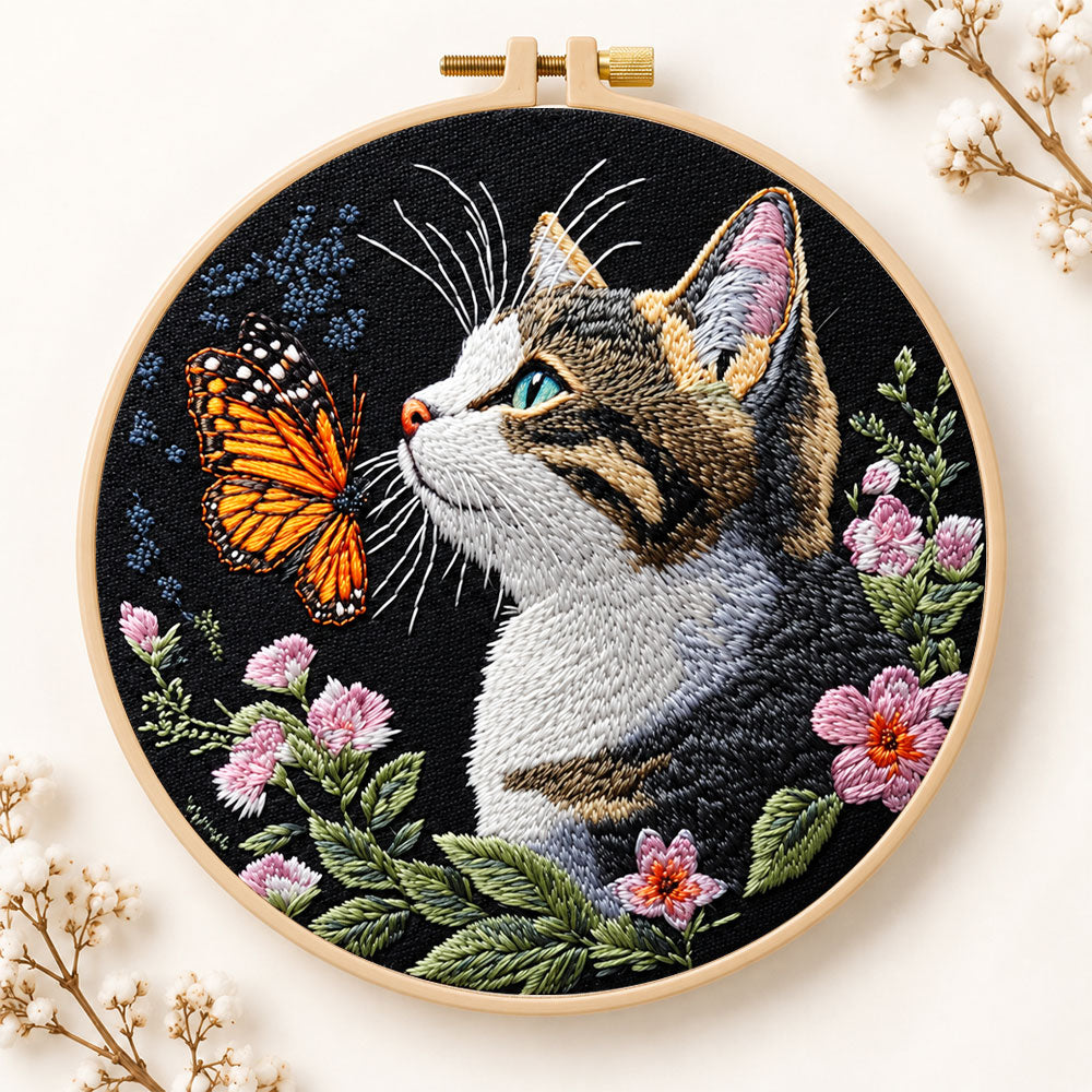 Cat meets monarch butterfly embroidery kit