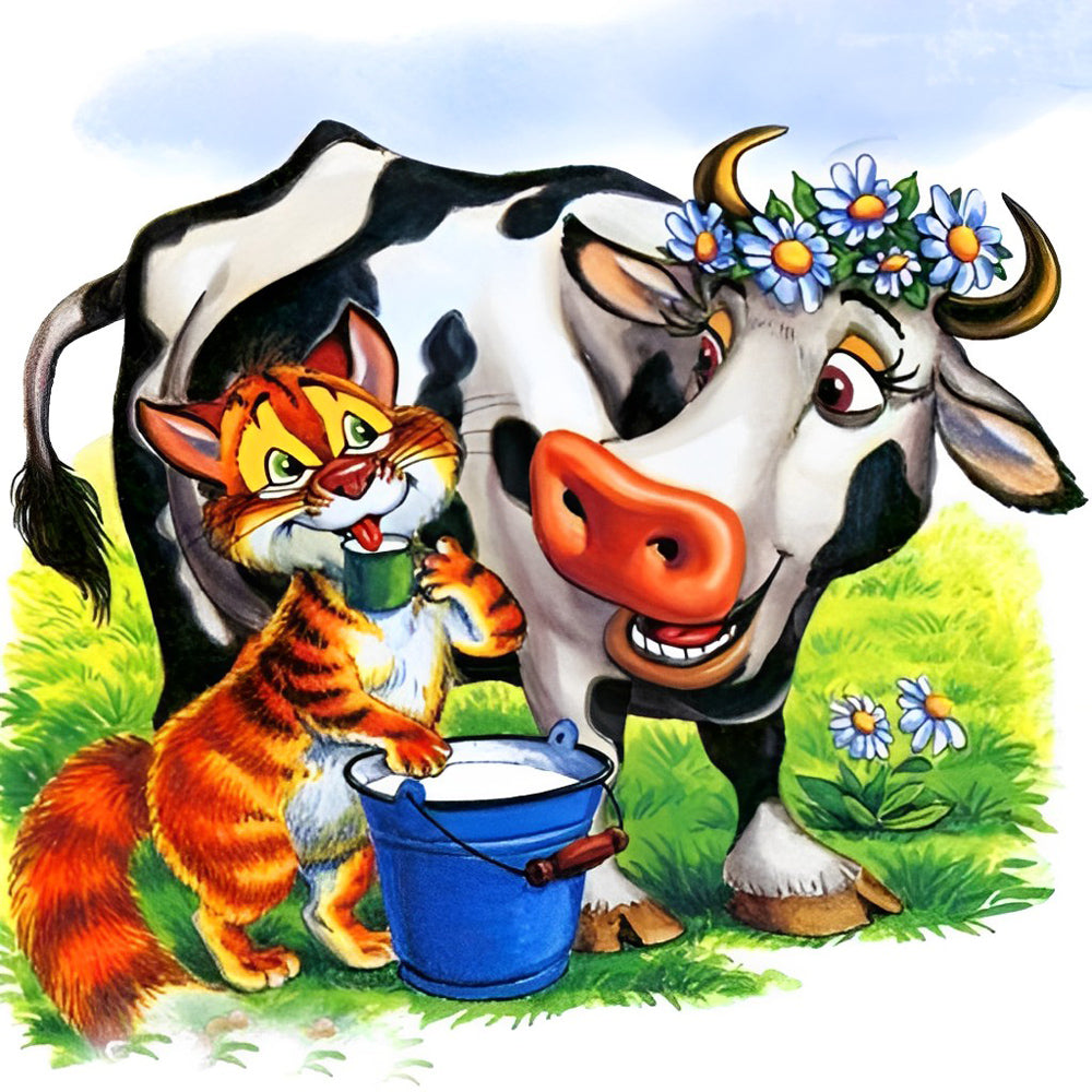 Cat milking a cow cross stitch kit for beginners