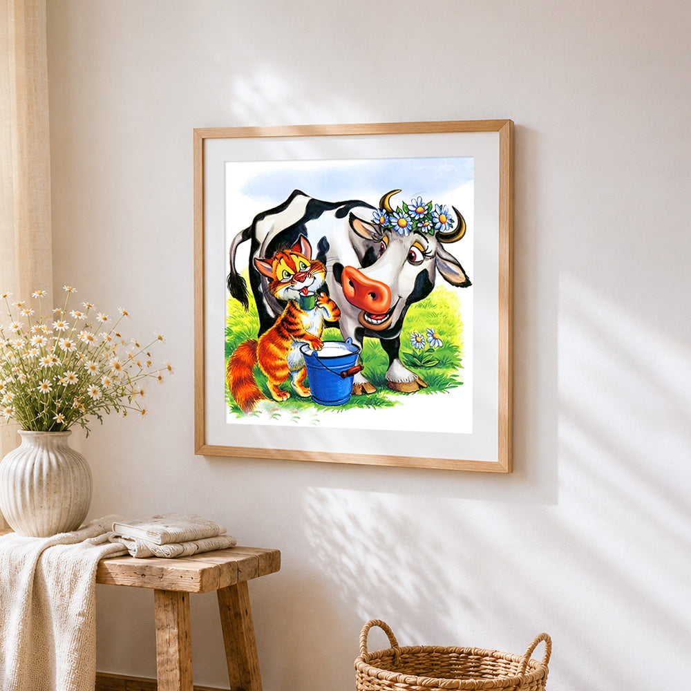 Cat milking a cow cross stitch artwork displayed on wall as home decor