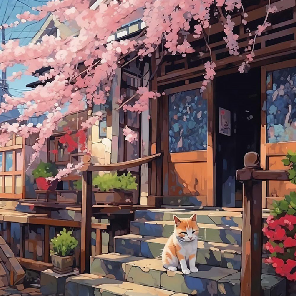 Cat on a porch with cherry blossoms cross stitch kit for beginners
