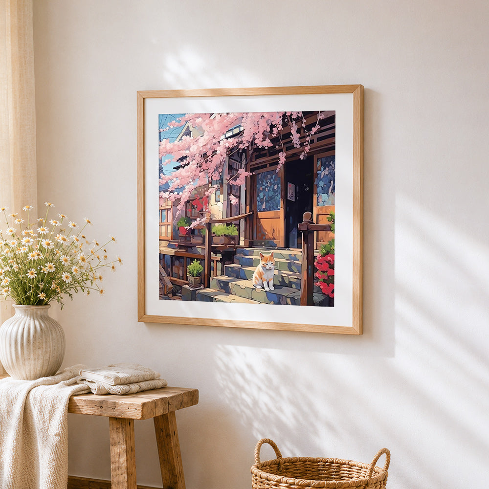 Cat on a porch with cherry blossoms cross stitch artwork displayed on wall as home decor