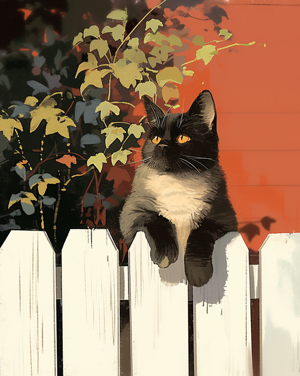 Cat on a white picket fence cross stitch kit for beginners