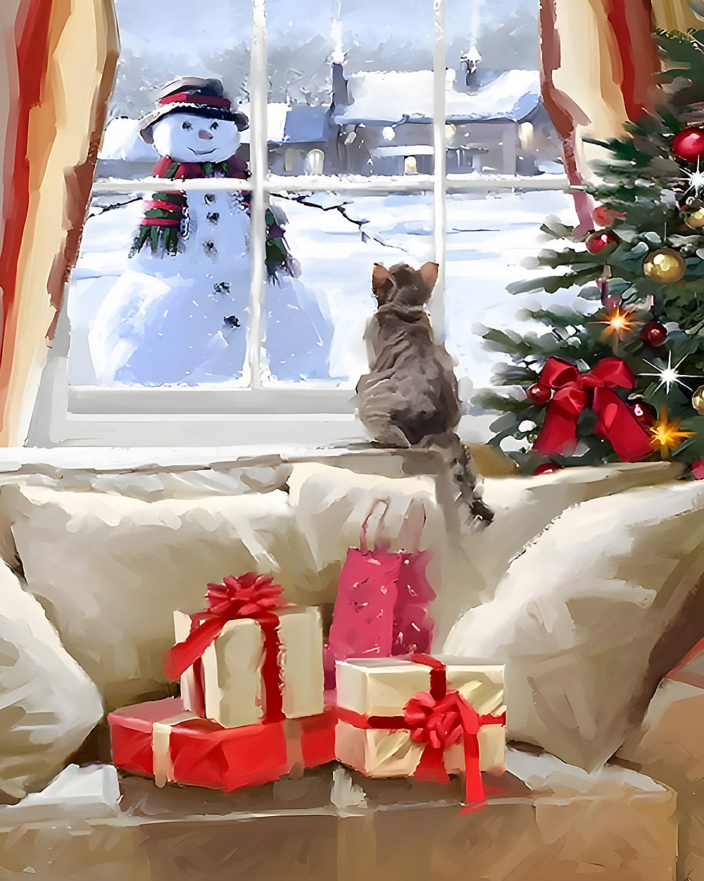 Cat on a windowsill watching a snowman outside cross stitch kit for beginners