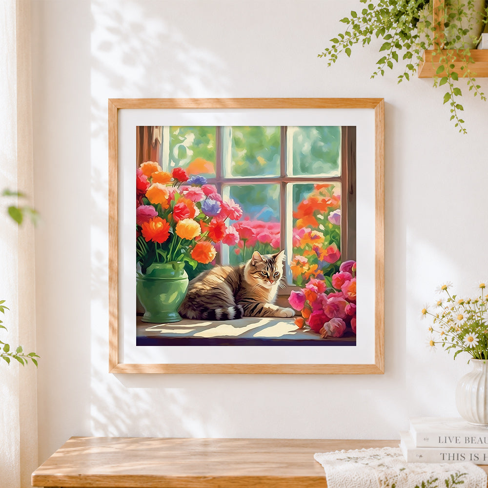 Finished cat on a windowsill with summer flowers cross stitch artwork displayed