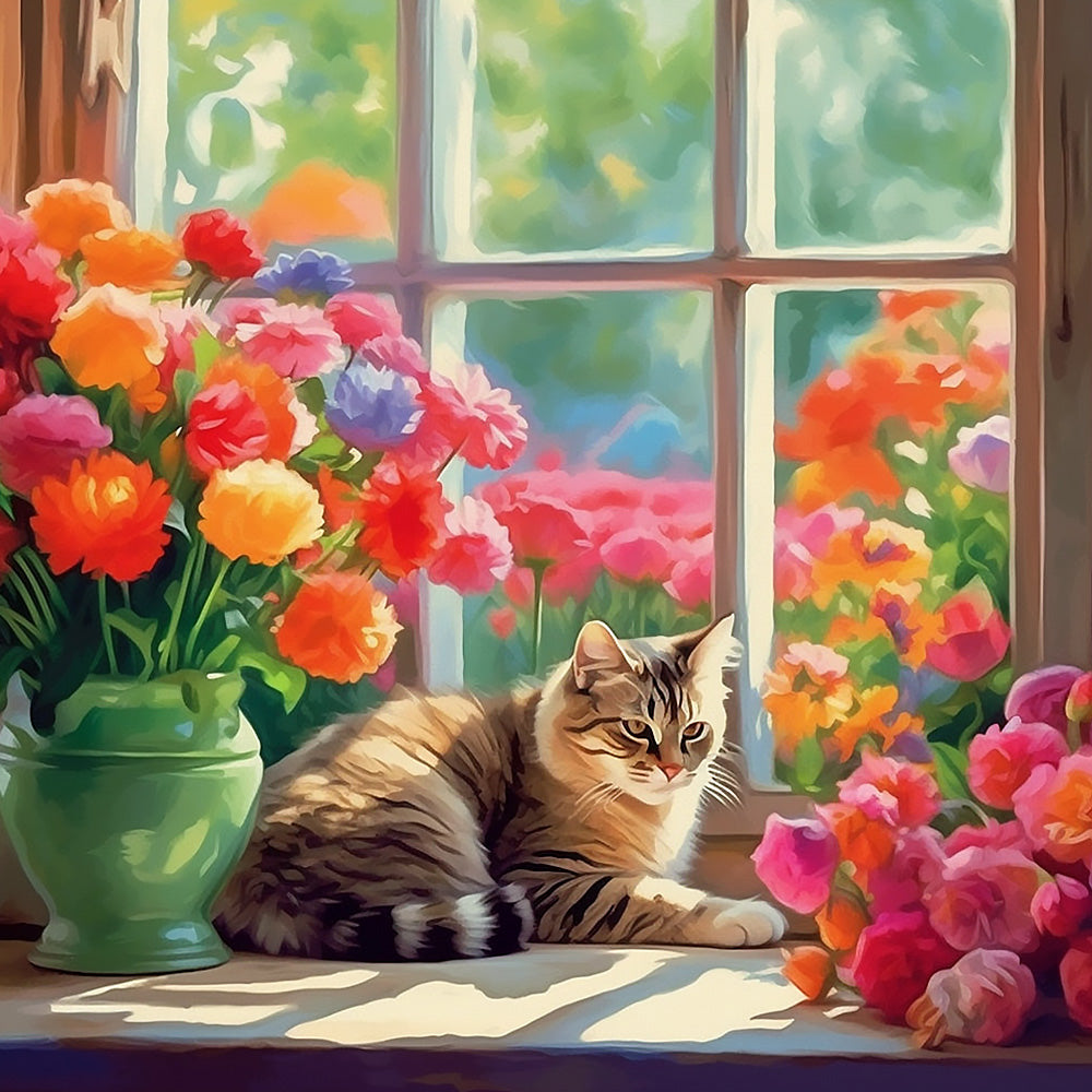 Cat on a windowsill with summer flowers cross stitch kit for beginners