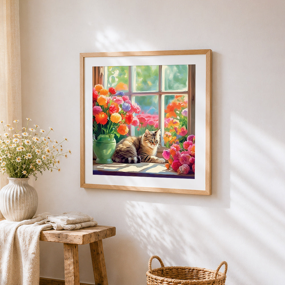 Cat on a windowsill with summer flowers cross stitch artwork displayed on wall as home decor