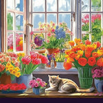 Cat on a windowsill with vibrant flowers cross stitch kit for beginners
