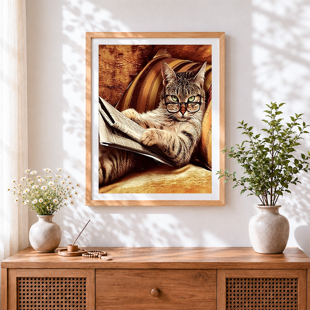 Finished cat reading newspaper cross stitch artwork displayed