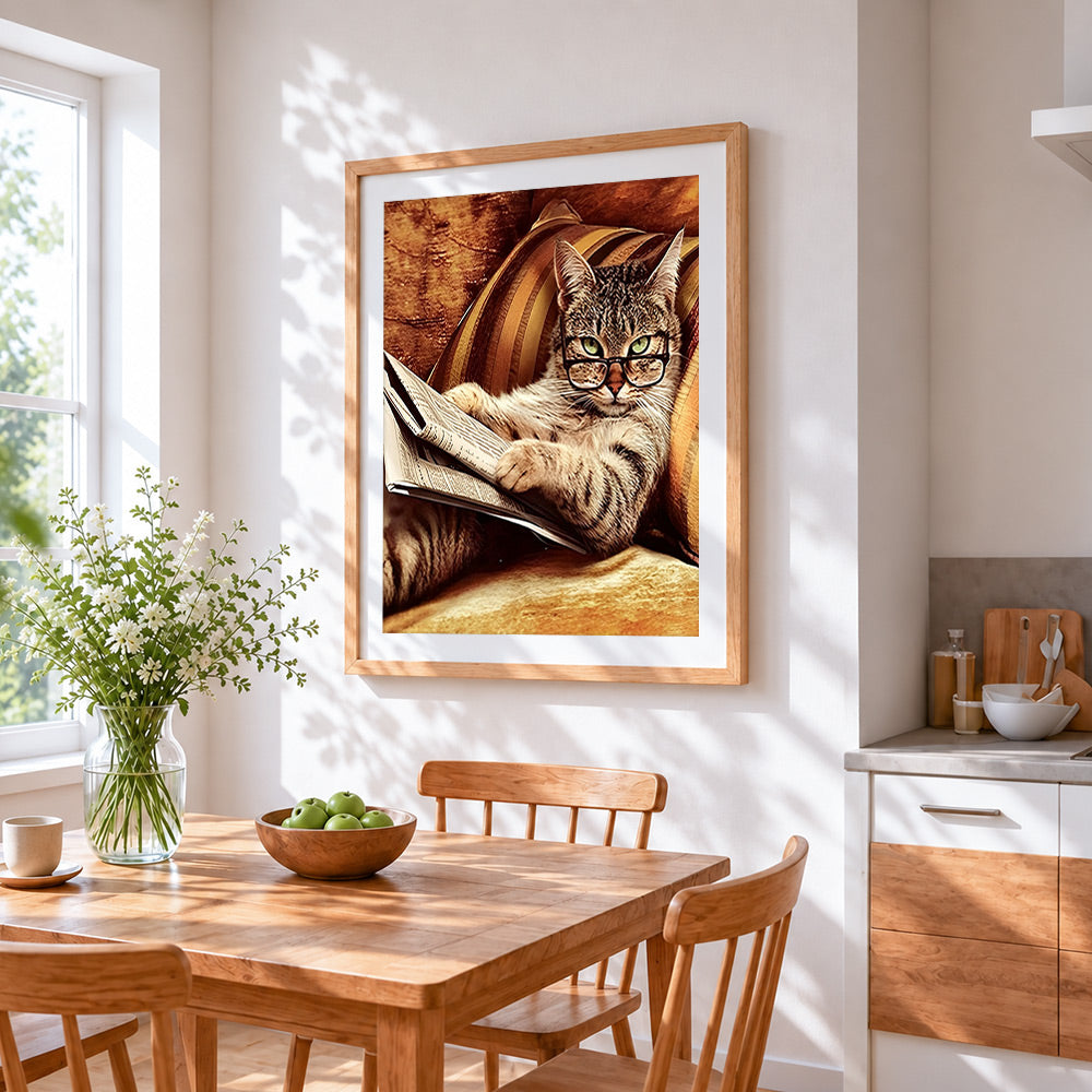 Cat reading newspaper cross stitch artwork displayed on wall as home decor