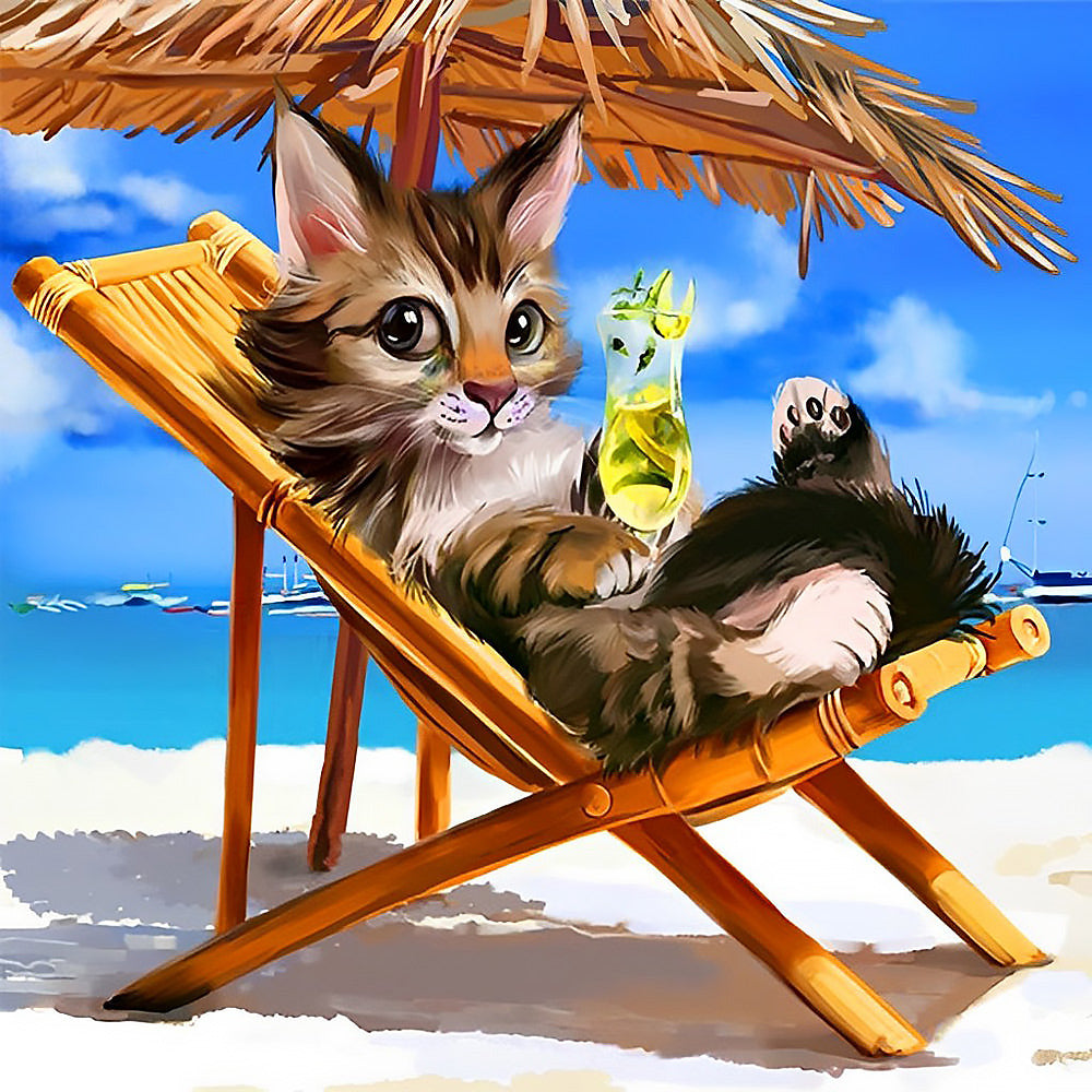 Cat relaxing on beach holiday cross stitch kit for beginners