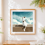 Finished cat sitting under white clouds cross stitch artwork displayed