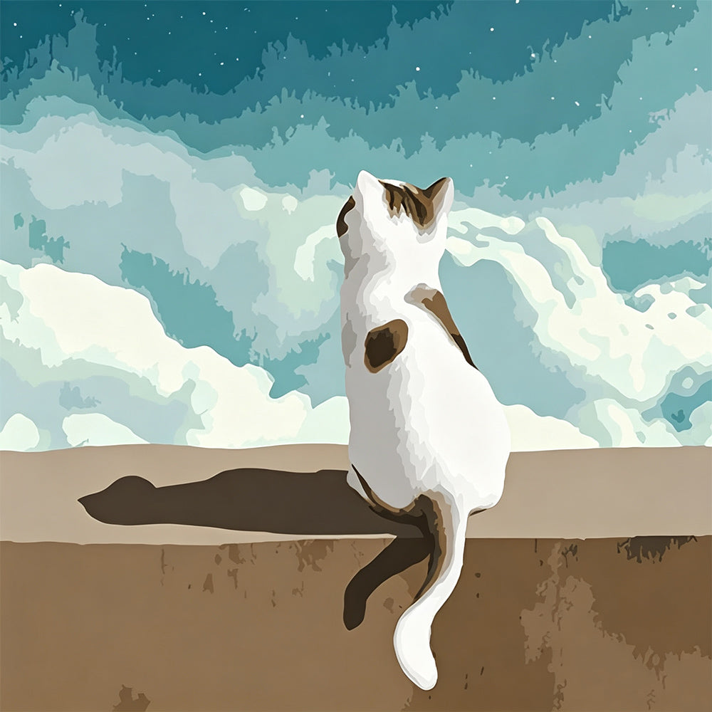 Cat sitting under white clouds cross stitch kit for beginners