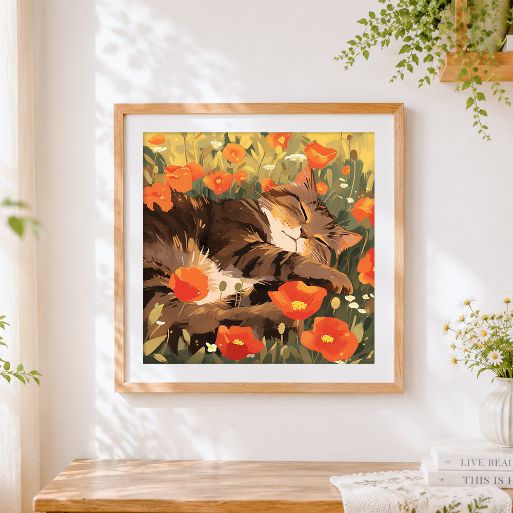 Finished cat sleeping in poppies cross stitch artwork displayed