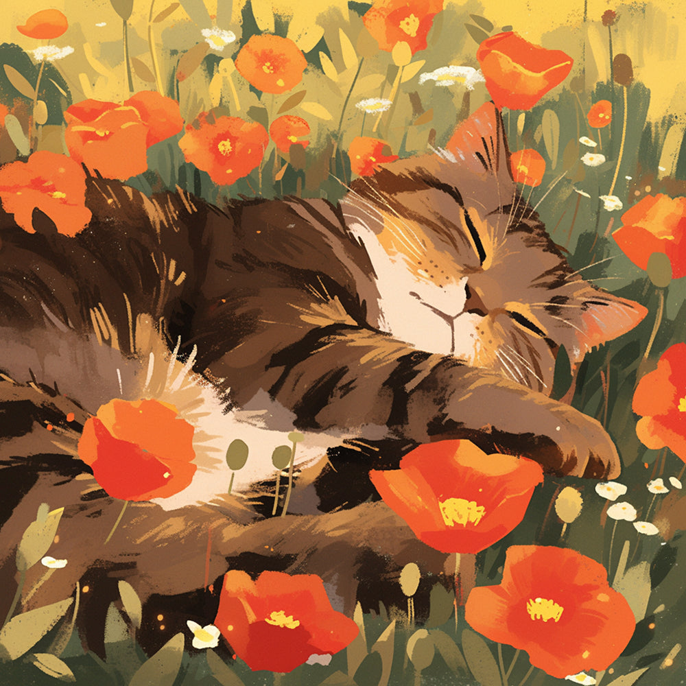 Cat sleeping in poppies cross stitch kit for beginners