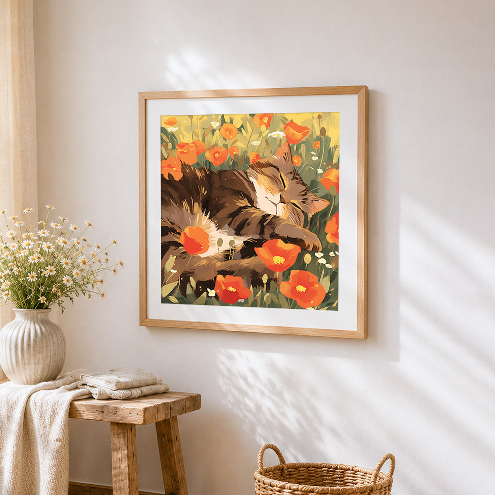 Cat sleeping in poppies cross stitch artwork displayed on wall as home decor