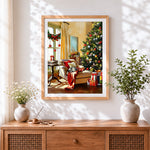 Finished cat sleeping on an armchair by the christmas tree cross stitch artwork displayed