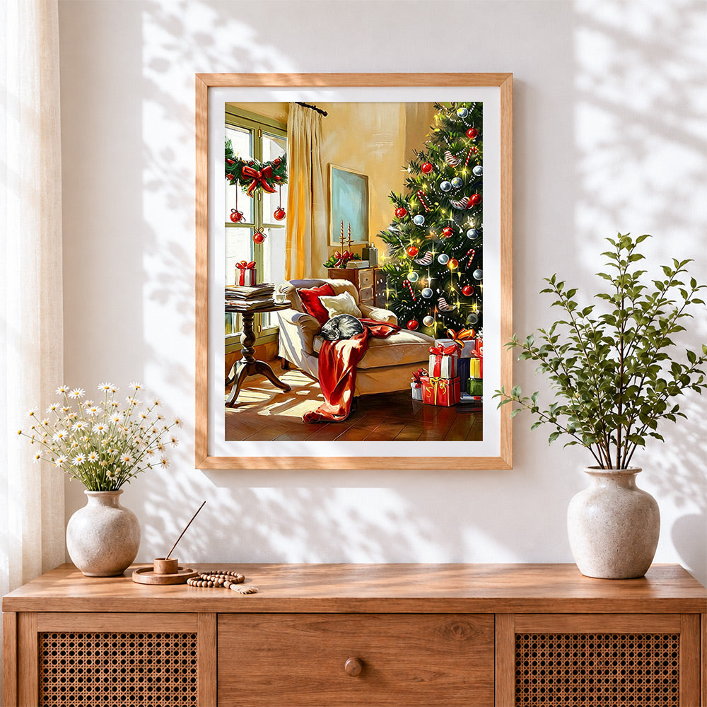 Finished cat sleeping on an armchair by the christmas tree cross stitch artwork displayed