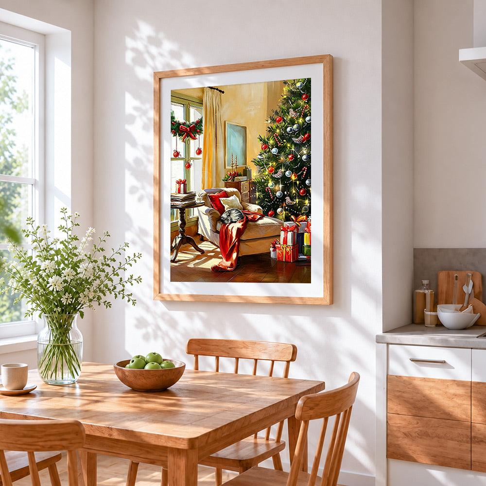 Cat sleeping on an armchair by the christmas tree cross stitch artwork displayed on wall as home decor