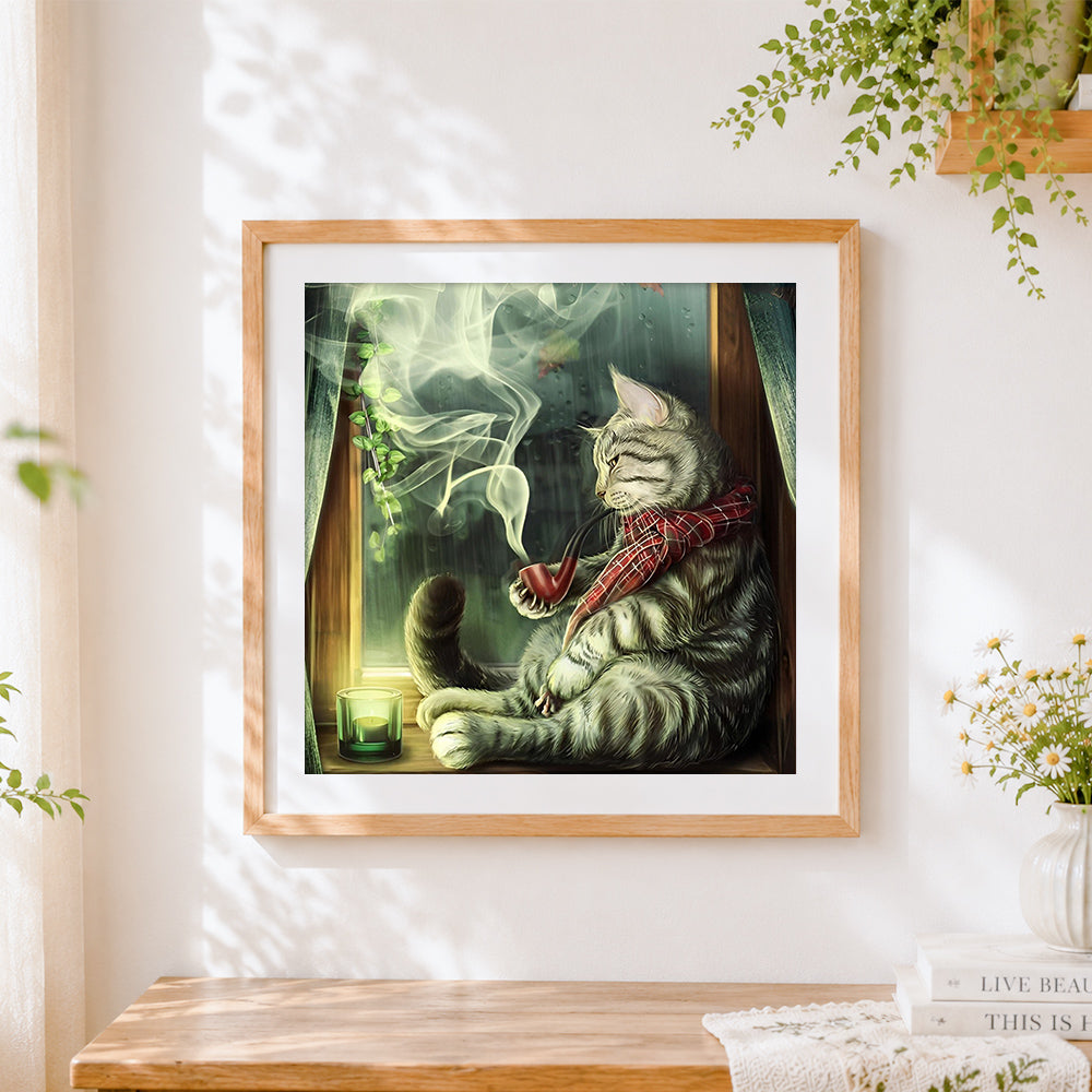 Finished cat smoking pipe in window cross stitch artwork displayed