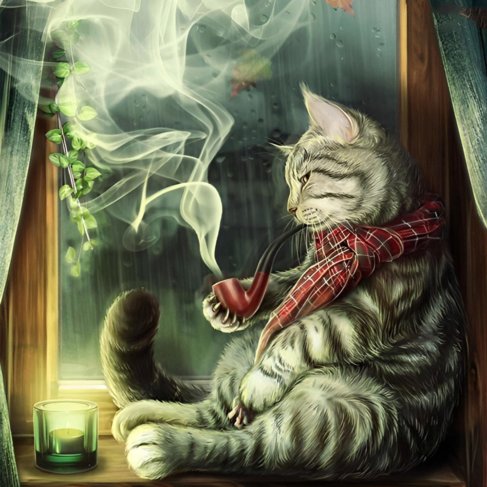 Cat smoking pipe in window cross stitch kit for beginners