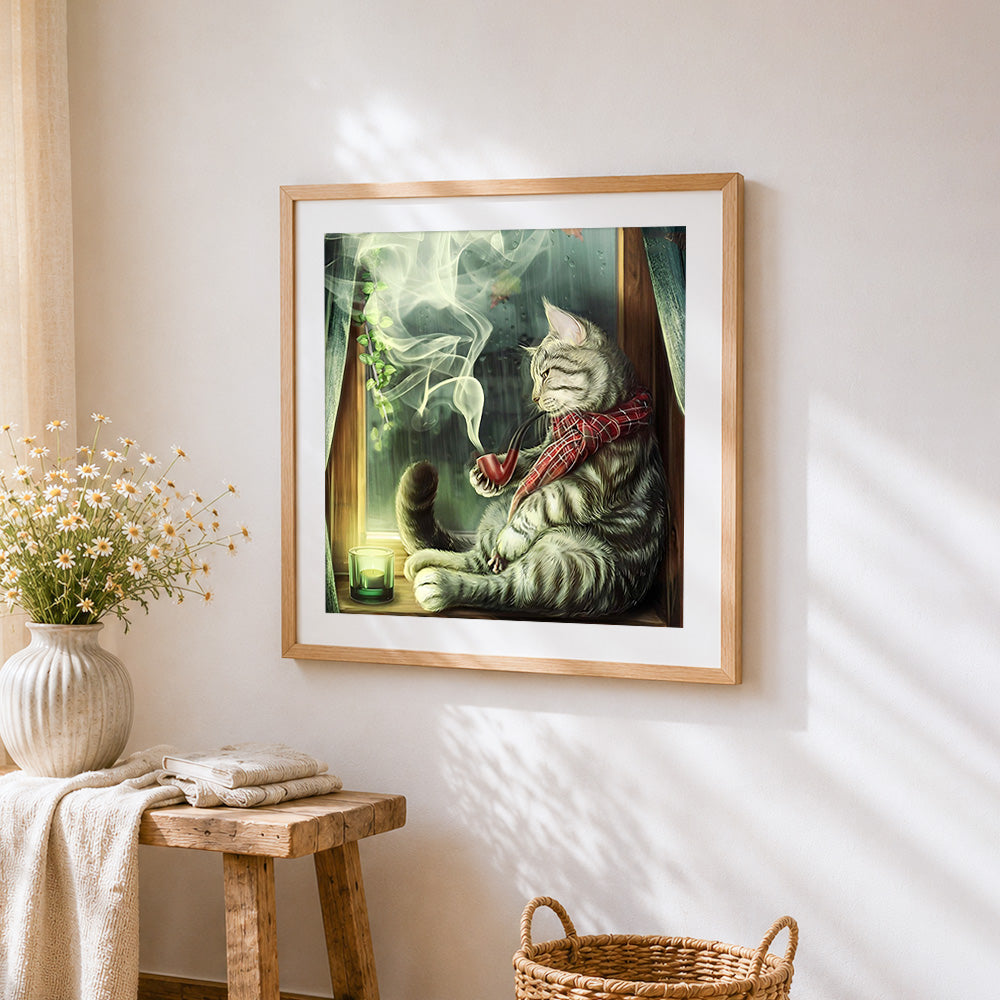 Cat smoking pipe in window cross stitch artwork displayed on wall as home decor