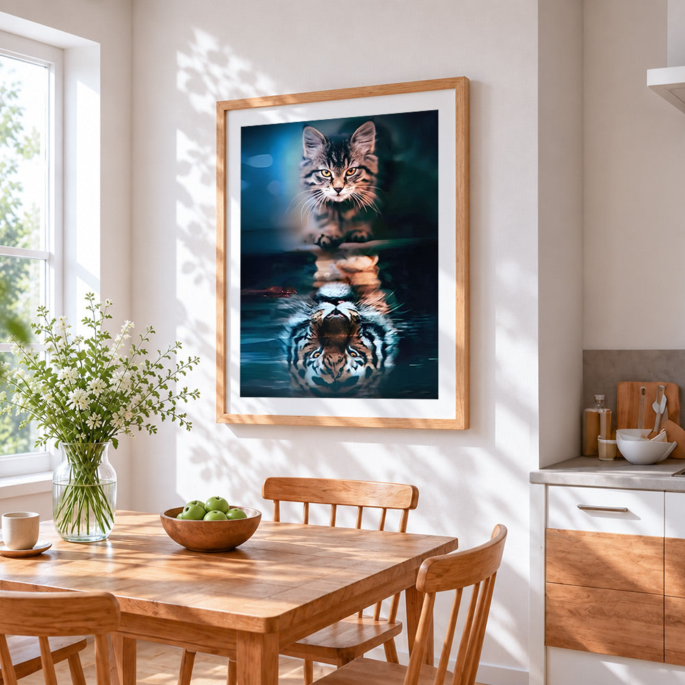 Cat to tiger reflection cross stitch artwork displayed on wall as home decor