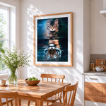 Cat to tiger reflection cross stitch artwork displayed on wall as home decor