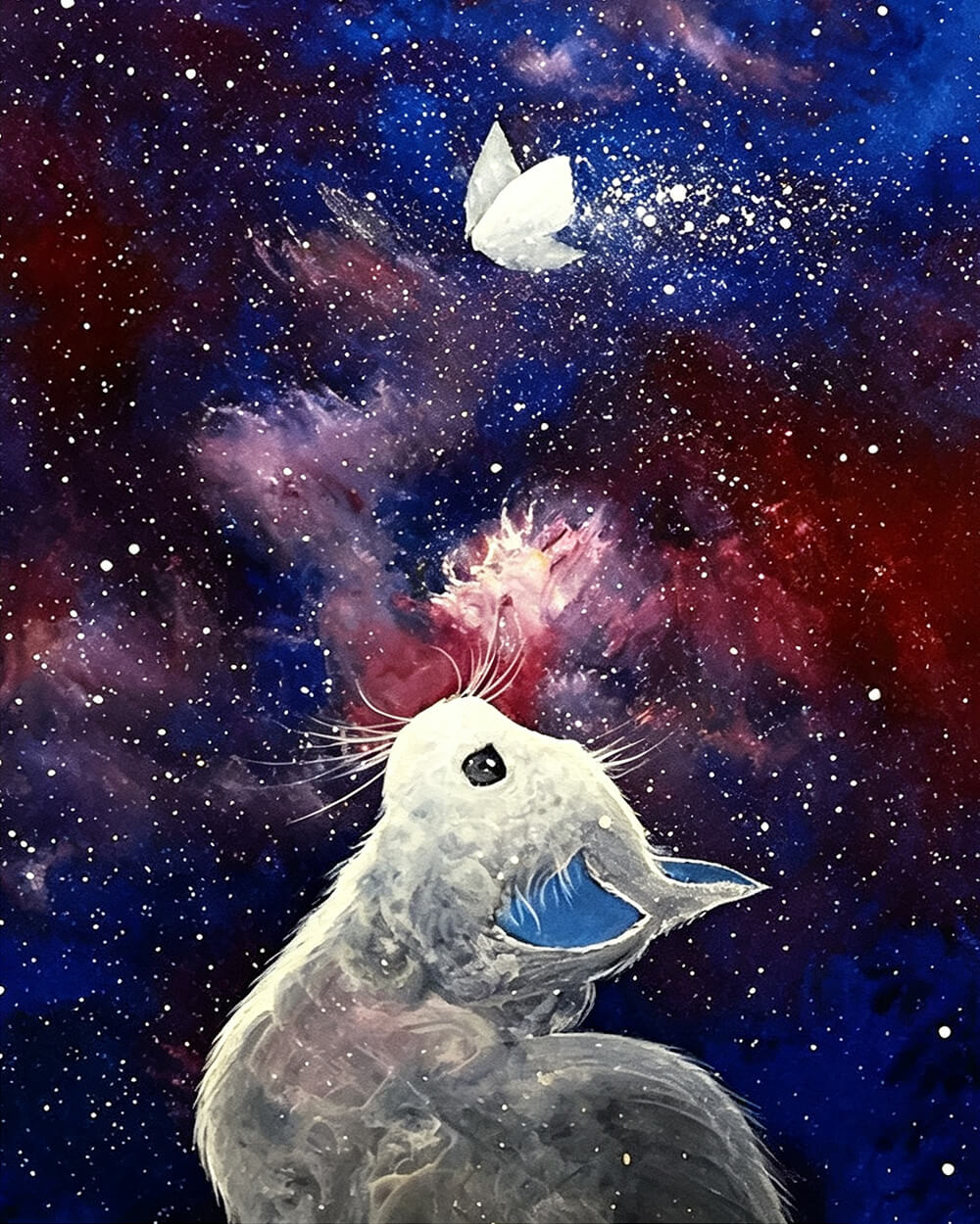 Cat watching a butterfly in space cross stitch kit for beginners