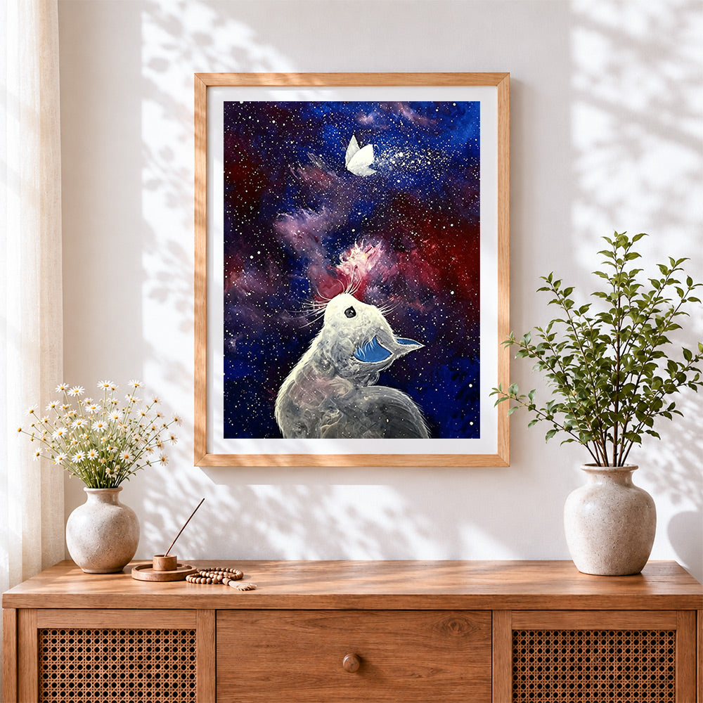 Finished cat watching a butterfly in space paint by numbers artwork displayed as home decor