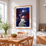 Cat watching a butterfly in space paint by numbers artwork displayed on wall as home decor