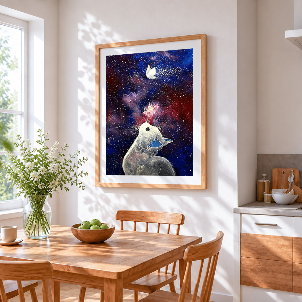 Cat watching a butterfly in space paint by numbers artwork displayed on wall as home decor