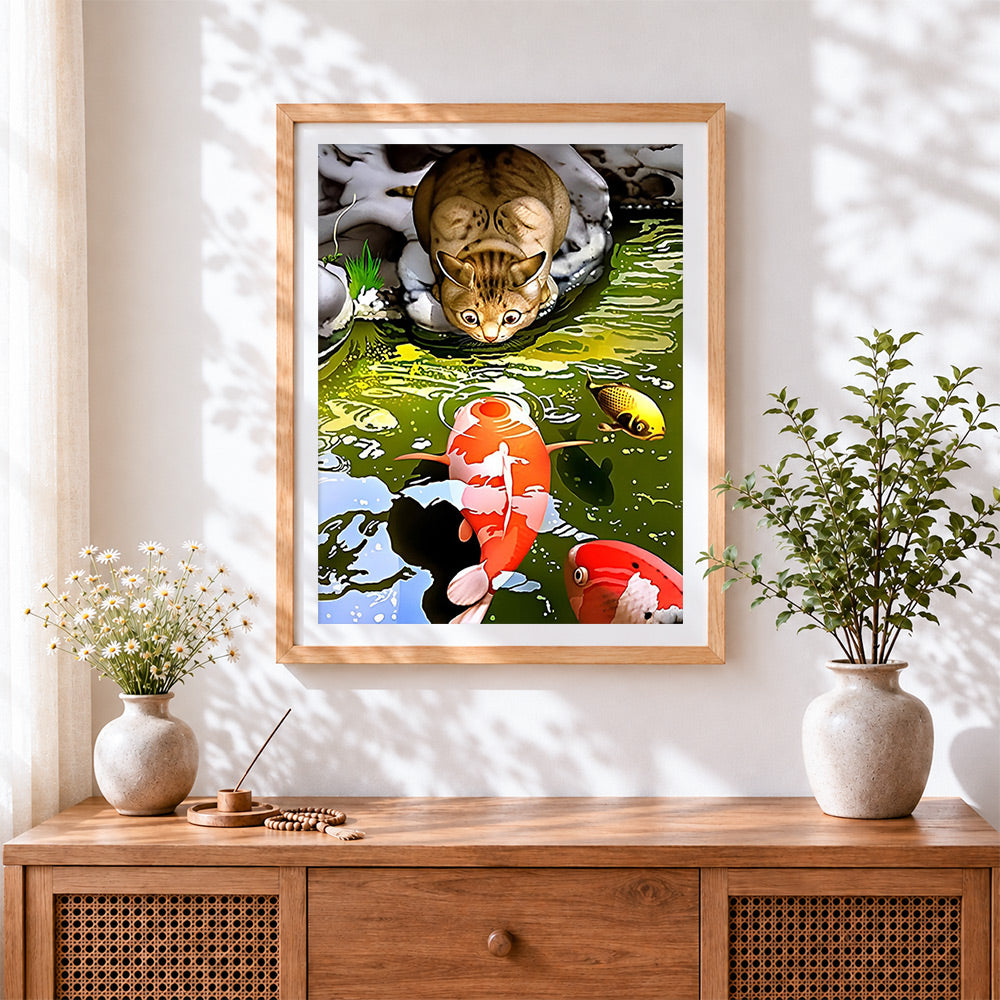 Finished cat watching koi fish cross stitch artwork displayed