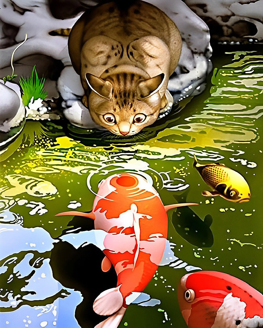 Cat watching koi fish cross stitch kit for beginners