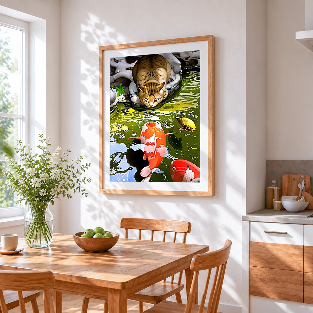 Cat watching koi fish cross stitch artwork displayed on wall as home decor