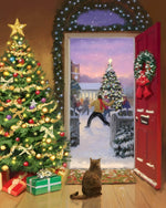 Cat watching snowball fight cross stitch kit for beginners