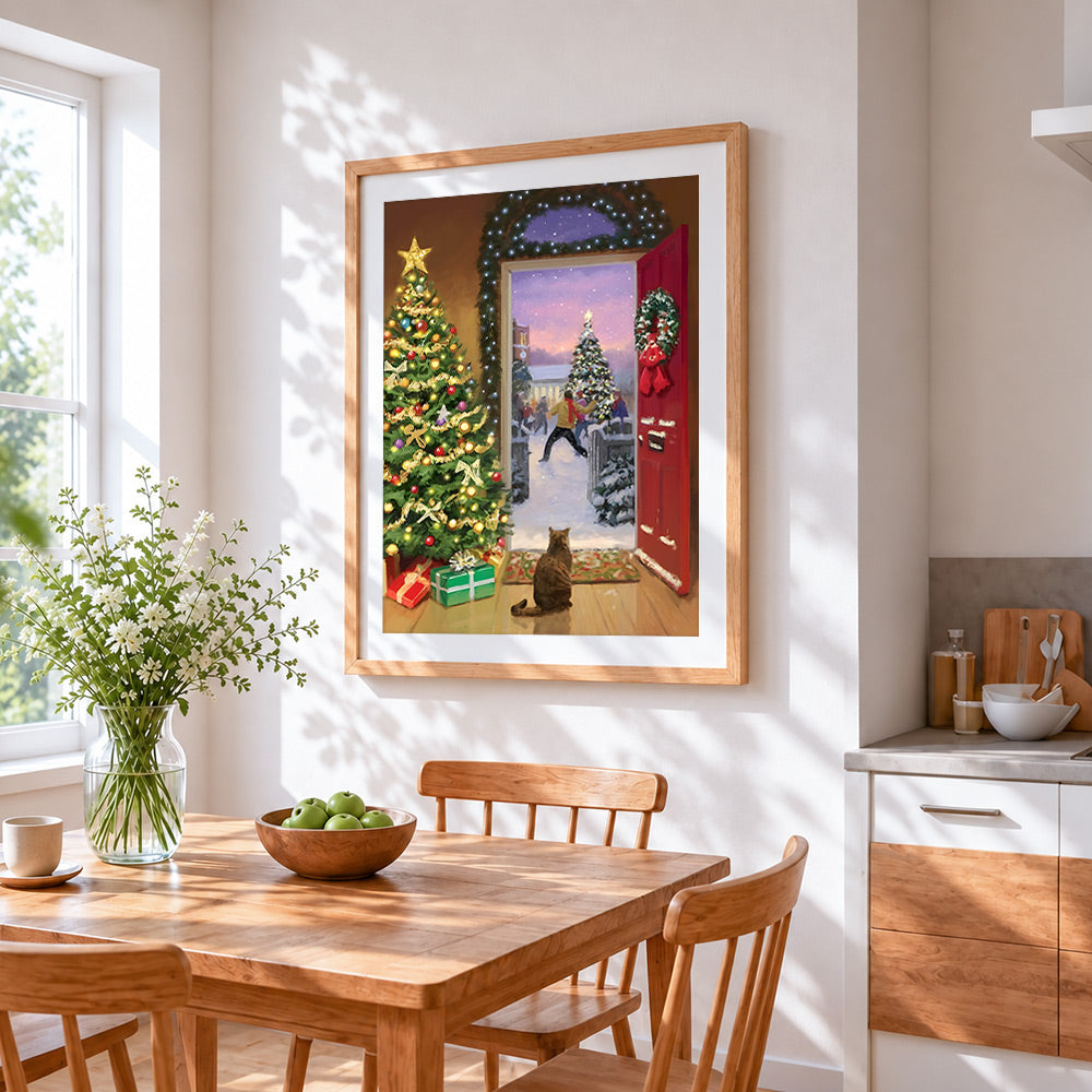 Cat watching snowball fight cross stitch artwork displayed on wall as home decor