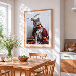 Cat wearing a shawl cross stitch artwork displayed on wall as home decor