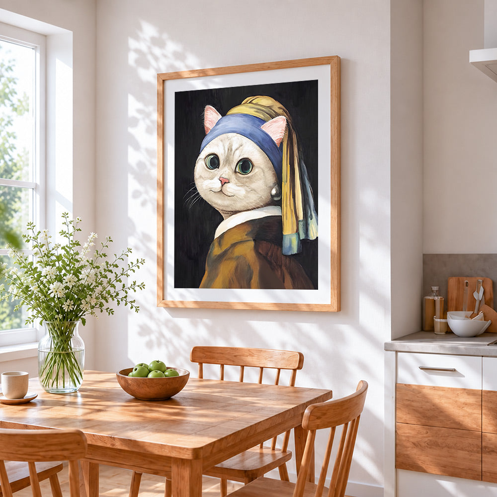 Cat with a pearl earring cross stitch artwork displayed on wall as home decor