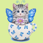 Cat with butterfly wings in teacup cross stitch kit for beginners