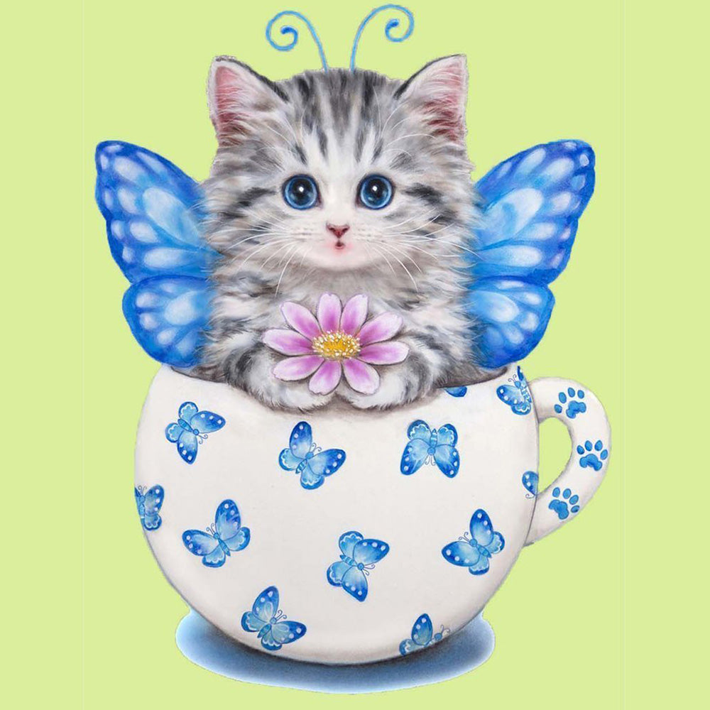Cat with butterfly wings in teacup cross stitch kit for beginners