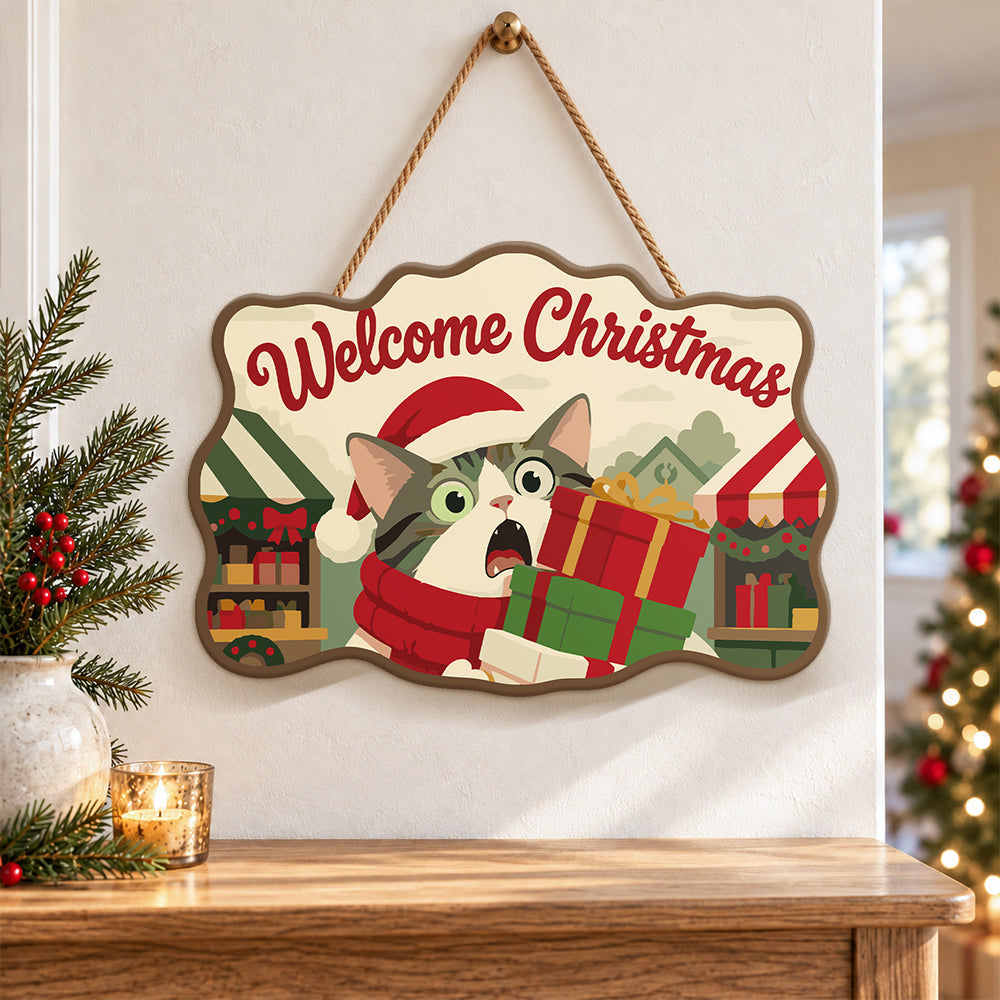 Cat with christmas gifts paint by numbers door hanger as indoor wall decor