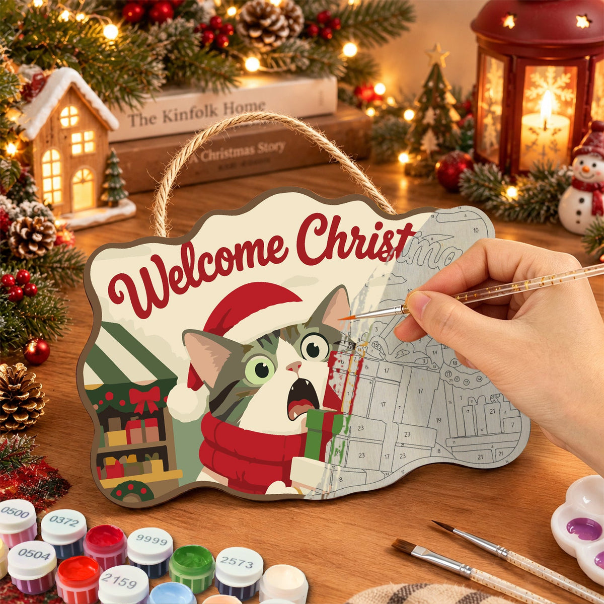 Cat with christmas gifts paint by numbers door hanger painting process